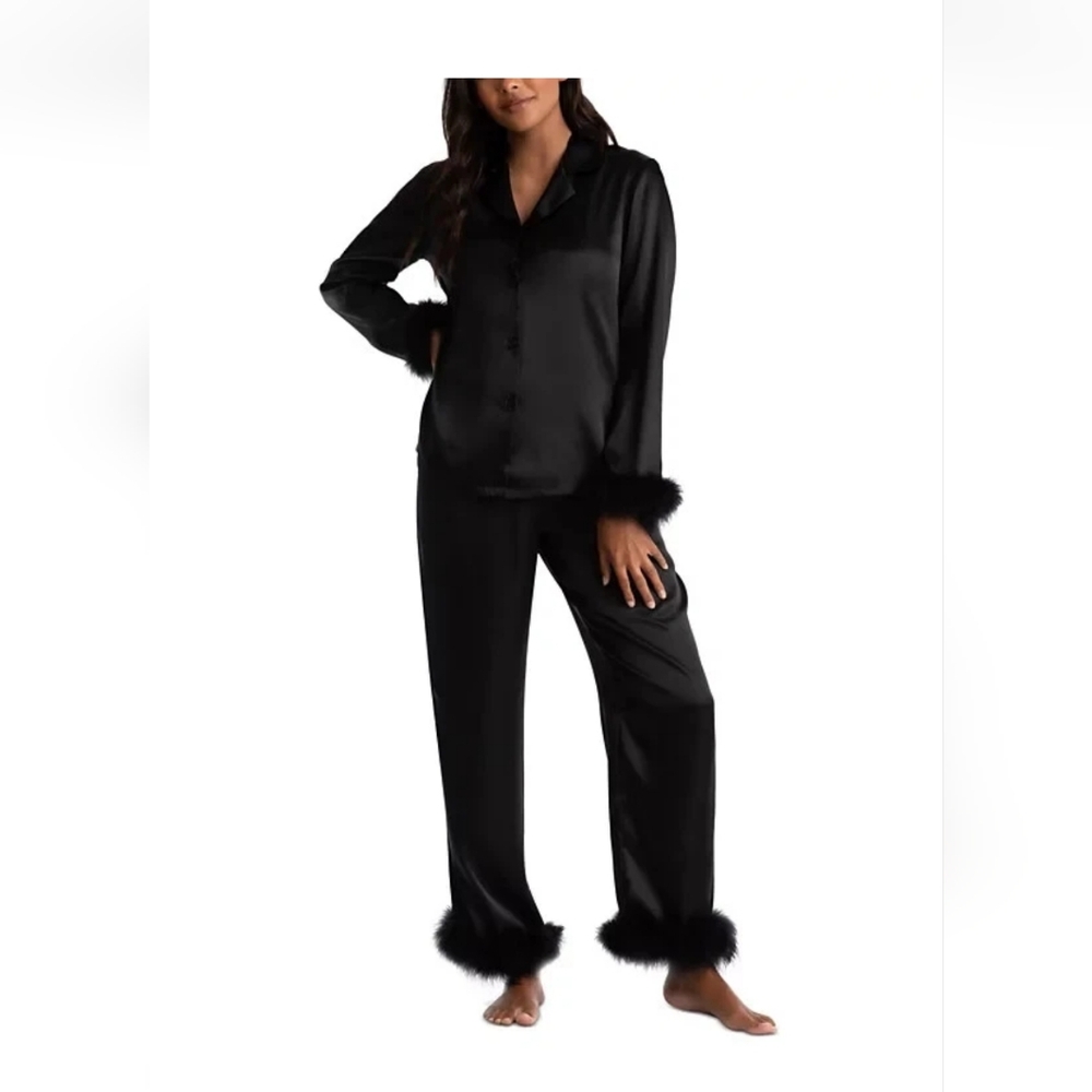 Linea Donatella Feather Trim Satin Pajama Set M,L